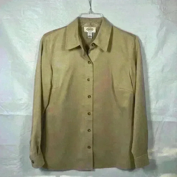 Talbots petite faux‎ suede brown tan women’s button up shirt size P Fall Soft - Picture 1 of 7